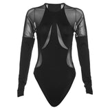 Autumn Winter Women Round Neck Long Sleeve Sexy Sheer Mesh Slim Fit Patchwork Jumpsuit