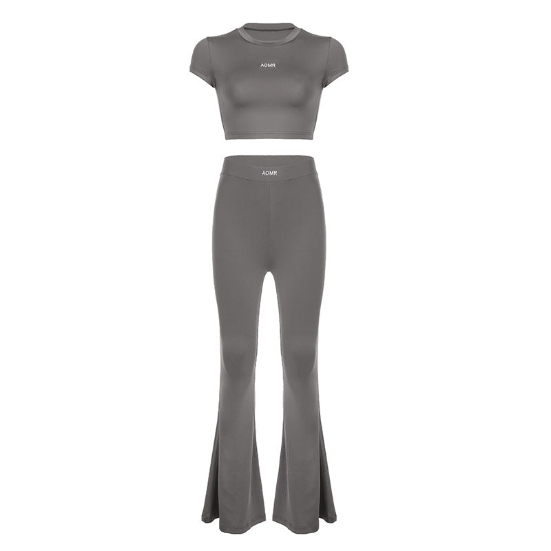 Sports Casual Basic Pullover Cropped Short Sleeve Top High Waist Flared Pants Yoga Sexy Two Piece Set