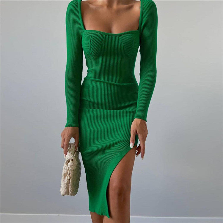 Autumn Winter Long Sleeve Tight Square Collar Woolen Dress Sheath Split Knee Length Knitted Sexy Dress - Angelique