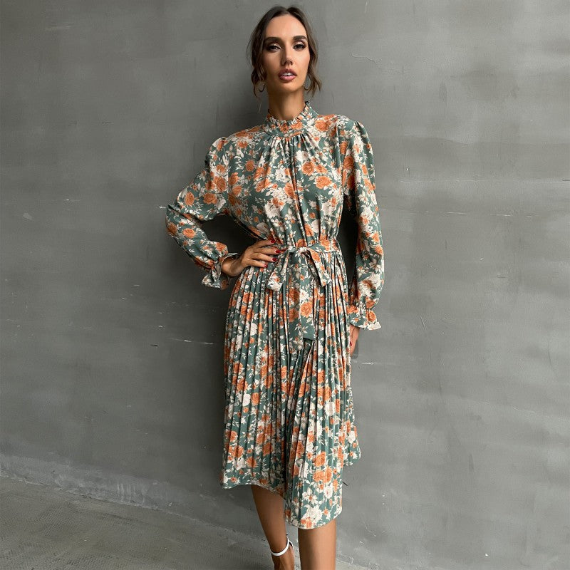 Women Wear Printed Long Sleeve Half Turtleneck Dress - Angelique