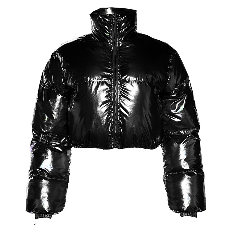 Metallisch beschichteter Stoff, Herbst-Damenbekleidung, sexy, lässig, abgeschnitten, Stehkragen, lockerer kurzer Baumwollmantel, Jacke für Damen