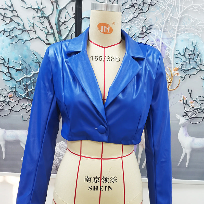 Women Clothing Autumn Winter Tube Top Split Dress Women Collared Short Coat Women Leather Top