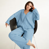 Summer Double Layer Crepe V-neck French Loose Comfortable Long Sleeve Pajamas Women  Cotton Linen Homewear Set - Angelique