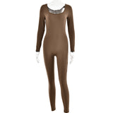 Sexy Soft High Elastic Long Sleeve Tights U Collar Stitching Trousers Jumpsuit