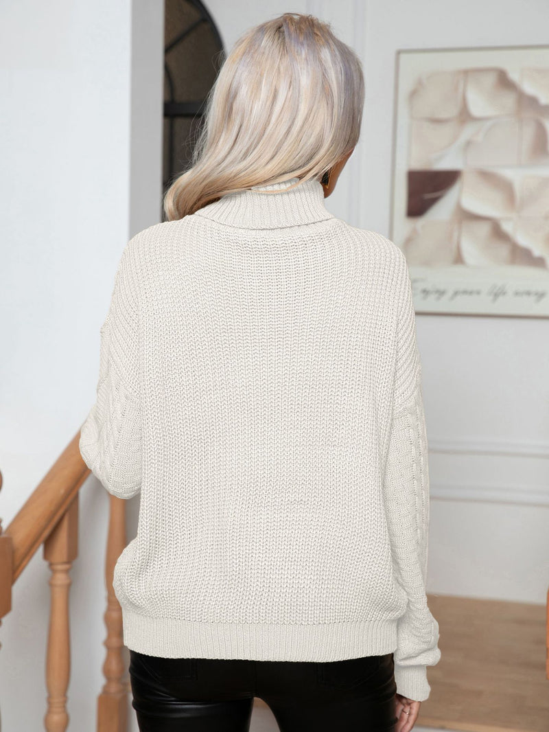 Beliebter Rollkragenpullover mit Zopfmuster für Damen, verdreht, lockerer, langärmeliger Pullover, Herbst- und Winterpullover