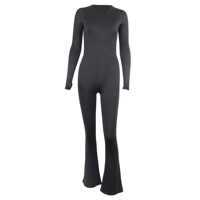 round Neck Long Sleeve Jumpsuit Slim Fit Backless Outer Wear Base One Piece Trousers Hip Raise High Waist Bell Bottom Pants Women