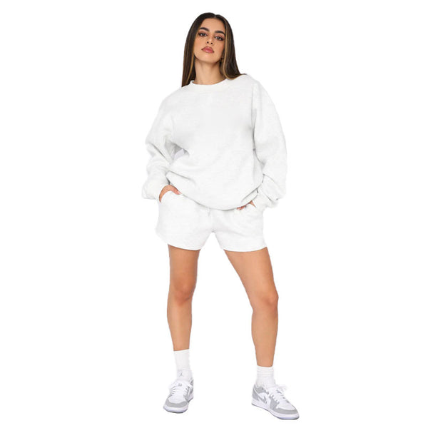 Baumwolle Herbst Winter Einfarbig rundhals Pullover Langarm Pullover Frauen Casual Shorts Set