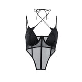 Summer Sexy Mesh Boning Corset Splicing Sling Lace up Irregular Asymmetric with Personality Vest Top