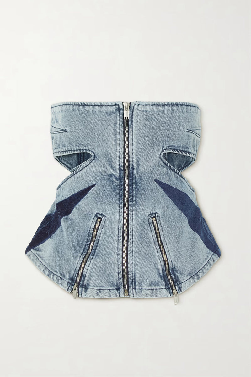 Denim Suit Women Color Contrast Patchwork Tube Top Three Dimensional Split Double Zipper Stitching Elastic Washed Jeans Two Piece Set