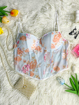 Mesh Floral Print See through Boning Corset Slim Fit Sexy Steel Ring Push up Sling Vest for Women