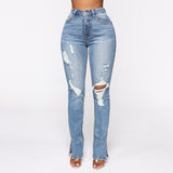 Split Jeans Damen Arrival Blue Washed Ripped Stretch Jeans mit hoher Taille