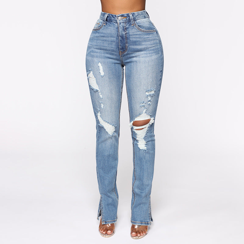 Split Jeans Damen Arrival Blue Washed Ripped Stretch Jeans mit hoher Taille