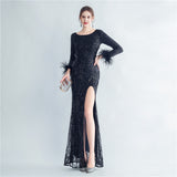 High Density Ostrich Feather Sequin Long Sleeve Fishtail High End Evening Dress - Angelique