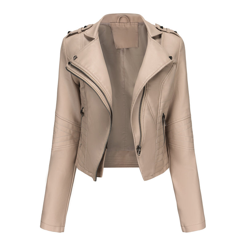 Slim Fit Langarm Frühling Herbst Lederjacke Damen Nieten Beliebte Kurzjacke Reißverschluss Lederjacke