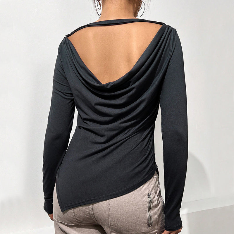 Frauen Kleidung Herbst Winter Elegante Backless Slim Fit Unregelmäßige Asymmetrische Schlitz Innen Bodenbildung Shirt Langarm Top