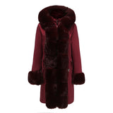 Winter Cotton Coat Women Detachable Fur Collar Mid Length Long Sleeve Parka Solid Color Hooded Warm Cotton Padded Jacket