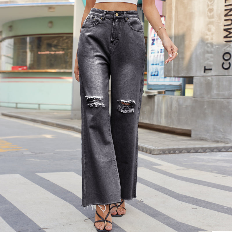 Denim-Hose mit weitem Bein, zerrissene Röhrenjeans für Damen