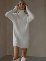 Long Sleeve High Collar Sweater Dress Women Casual Loose Thick Sunken Stripe Solid Color Sheath Autumn Winter Knitting Dress