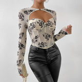 Sexy Hollow Out Cutout Sexy Low Cut Langarm-T-Shirt Love Decorative Steel Ring Boning Corset Slim Top