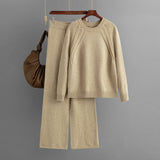 Autumn Winter Casual Solid Color Knitting Suit Women Loose Sweater Wide Leg Pants Two Piece Set