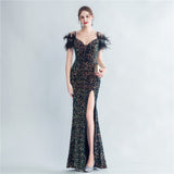 Boning Corset Ostrich Feather Back Lash Rope Bra Velvet High Density Sequined Fishtail Evening Dress