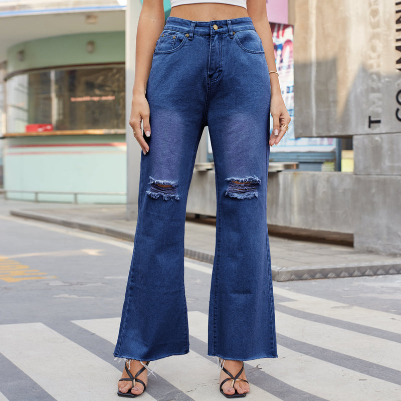 Denim-Hose mit weitem Bein, zerrissene Röhrenjeans für Damen