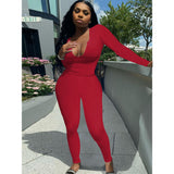 Women Clothing Sexy Deep V Plunge Plunge Long Sleeve Trousers Suit Solid Color Sanding Stretch Two-Piece Set for Women