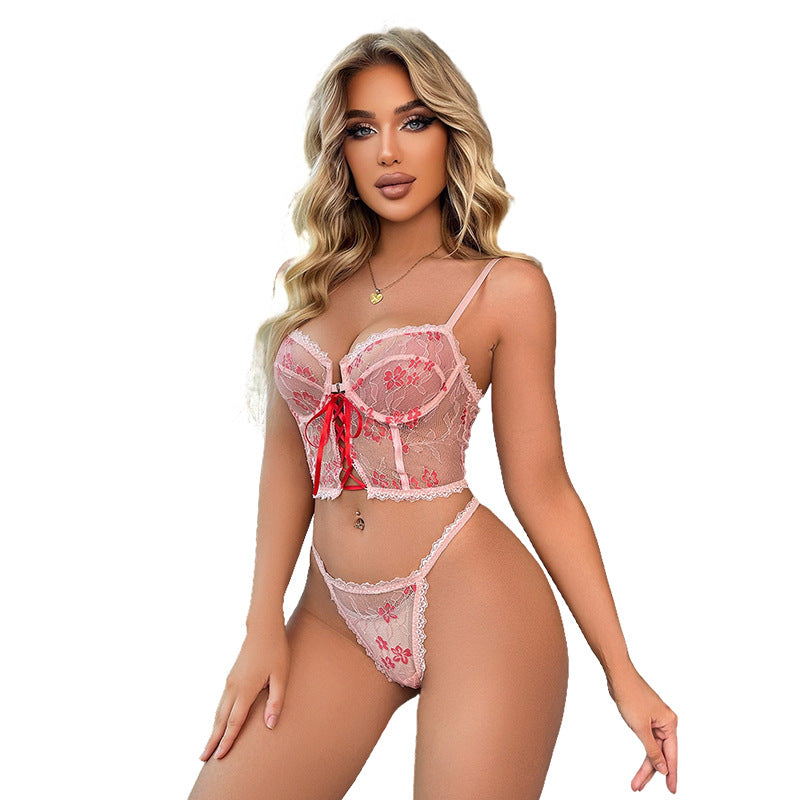 Direct Sexy Lingerie Hollow Out Cutout Out Strap See Through Lace Sexy Two Piece Suit