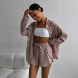 Frauen Kleidung Frühling Kragen Lose Hemd Hohe Taille Shorts Zwei Stück Set Casual Set