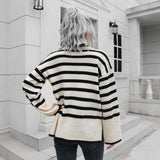 Popular Striped Side Slit High Collar Mid Length Sweater Women Loose Autumn Winter Sweater