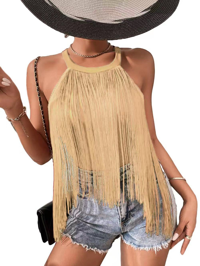 Women Solid Color Sleeveless Halter Tops Ladies Tassel Beach Swimsuit - Angelique