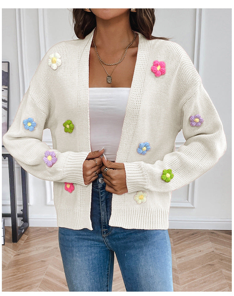 Hand Crocheting Floral Sweet Knitted Cardigan Sweater Coat Women Idle Casual Loose Sweater