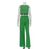 Summer Solid Color Sleeveless Green Top Bell-Bottom Pants Suit Commuting Fashion Women Clothing