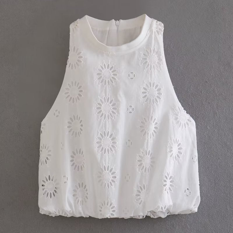 Summer Women  Clothing  Hollow Out Cutout Embroidered Top Skirt Set