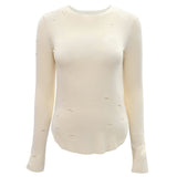 Women Clothing Autumn Winter Long Sleeve round Neck Ripped Sexy Top