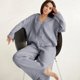 Summer Double Layer Crepe V-neck French Loose Comfortable Long Sleeve Pajamas Women  Cotton Linen Homewear Set - Angelique