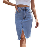 Women Clothing High Waist Fall Mid Length Hip Split Denim Skirt