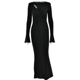 Sexy Long Sleeve round Neck Stitching Ruffle Horn Long Sleeve Narrow Slim Fit Maxi Dress