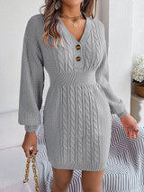 Fall Winter Button V Neck Twist Lantern Sleeve Package Hip Sweater Dress Women Clothing