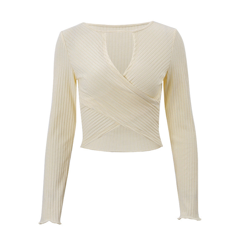 Herbst Frauen Kleidung Sexy Sexy Aushöhlen Ausschnitt Gestrickte Gewinde Langarm Crop Top