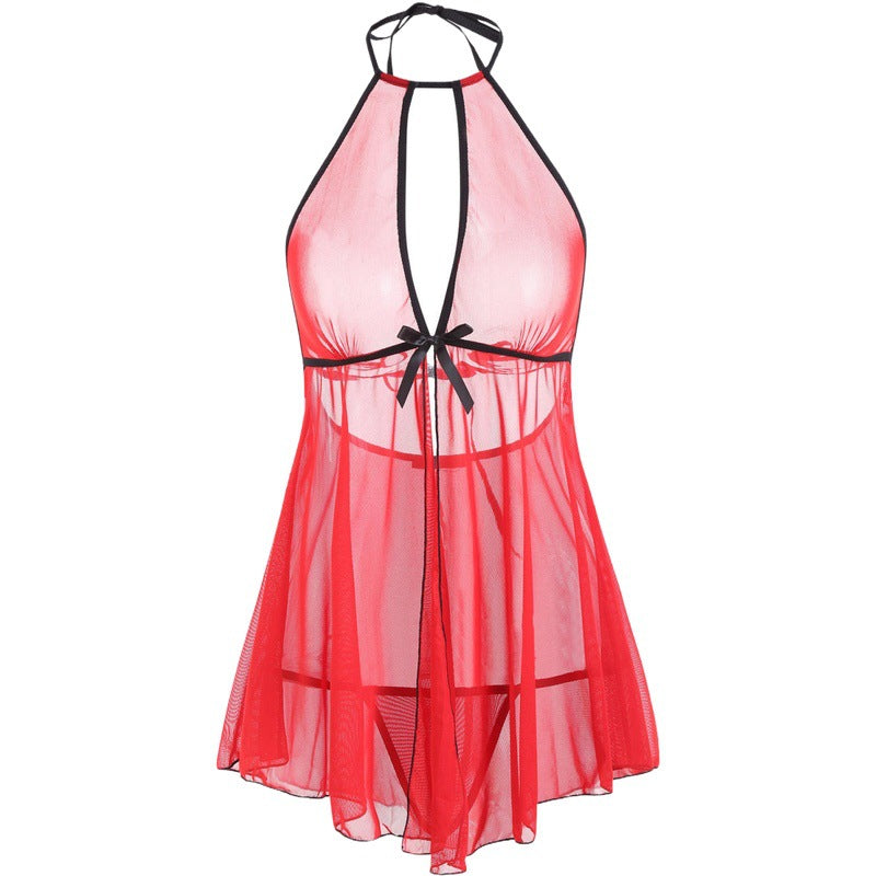 Sexy Lingerie Women Backless Lace up Free off Sexy Pajamas Suit Halter See through Tulle Hair