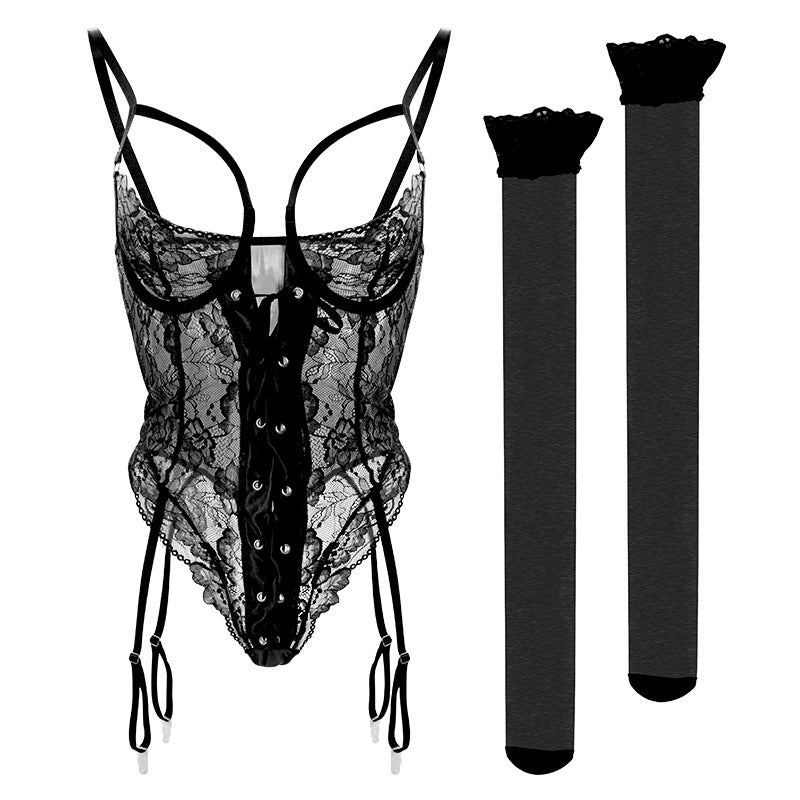 Sexy See through Dress Mesh Lace Garter Side One Piece Underwear Women Sexy Tight Jumpsuit Two Piece Set