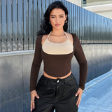 Frauen Kleidung Faux Zwei Stücke Aushöhlen Ausschnitt Neckholder Langarm Kontrast Farben Abnehmen Hohe Taille Crop Top