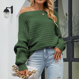 Solid Color Hollow Out Cutout Bat Sweater Autumn Winter Lantern Sleeve Off The Shoulder Pullover Sweater Women