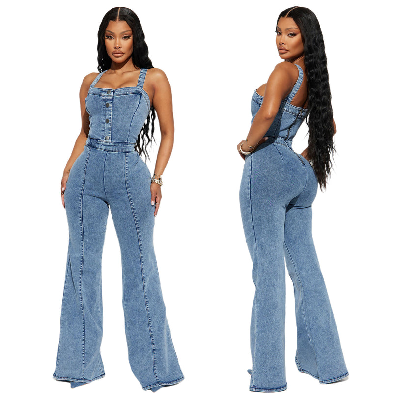 Denim Jumpsuit Women Slim Fit Bodysuit Waist Tight Washed Suspender Jumpsuit