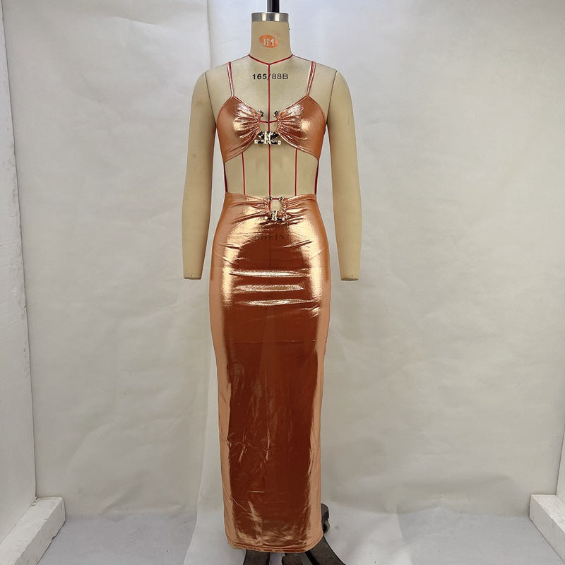 Metallic Coated Fabric Women Clothing Summer Sexy Cutout Slim Strap Dress Women Dress