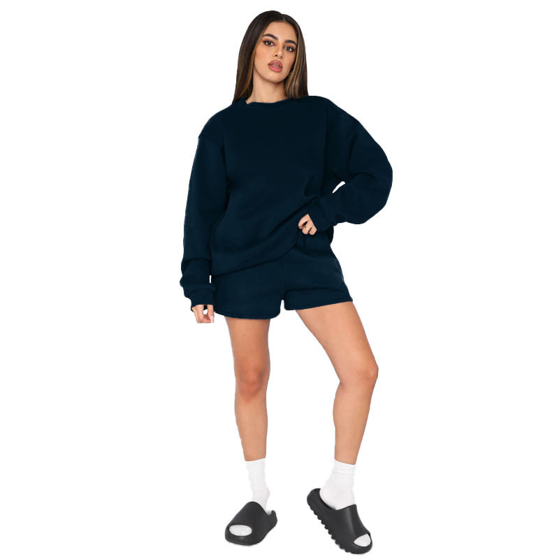 Baumwolle Herbst Winter Einfarbig rundhals Pullover Langarm Pullover Frauen Casual Shorts Set