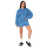 Cotton Autumn Winter Solid Color round Neck Pullover Long Sleeve Sweater Women Casual Shorts Set