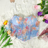 Mesh Floral Print See through Boning Corset Slim Fit Sexy Steel Ring Push up Sling Vest for Women