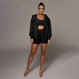 Frühling Herbst Urban Casual Einfarbig Strickjacke Mit Kapuze Shorts Frauen Samt Langarm Sweatshirt Anzug Zwei Stück Set